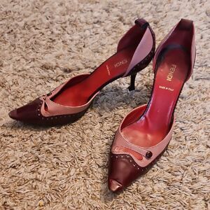 Fendi PROJECT Two-Tone Leather Heels – Burgundy & Blush Size 36.5